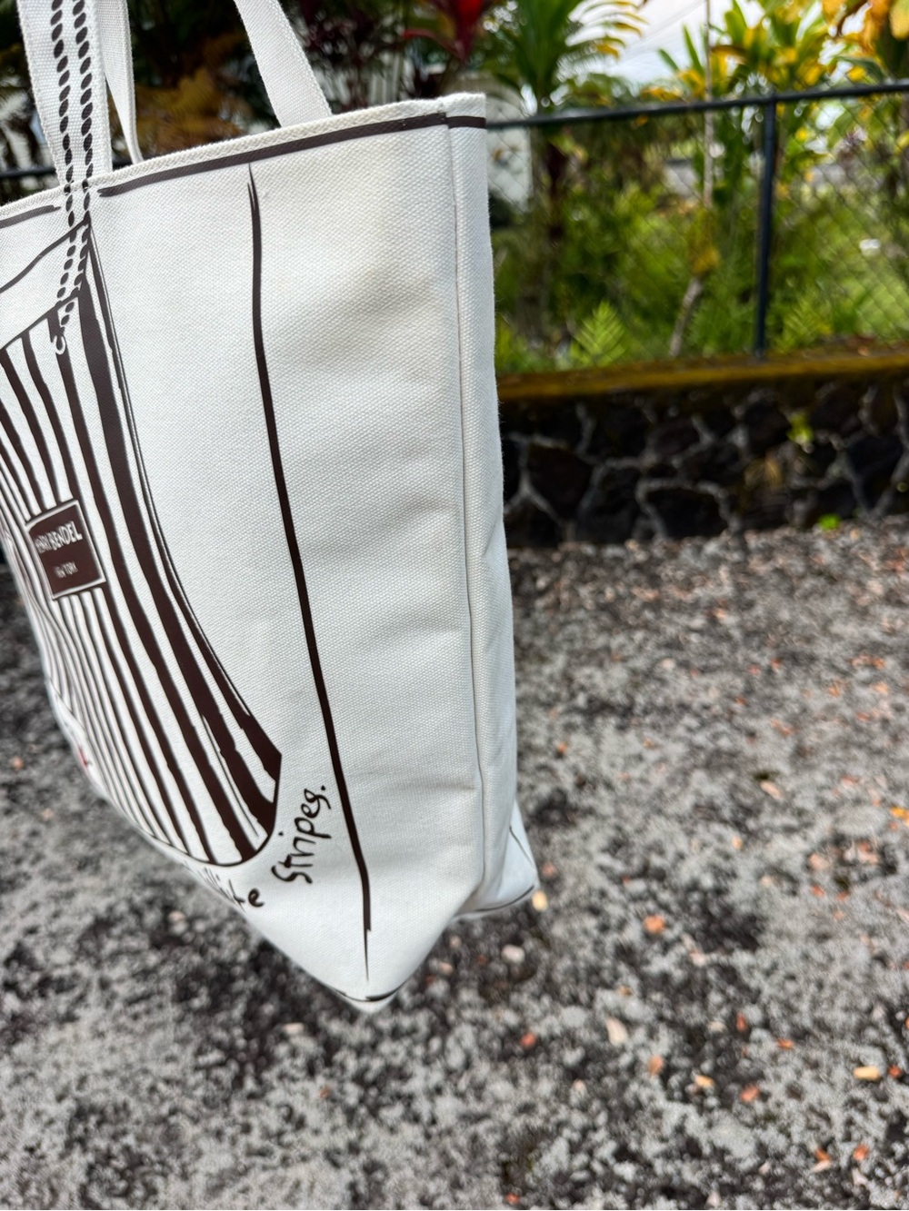 Henri Bendel Love of Shopping Canvas Tote Bag White Brown Stripe Market Shopper - Picture 5 of 10